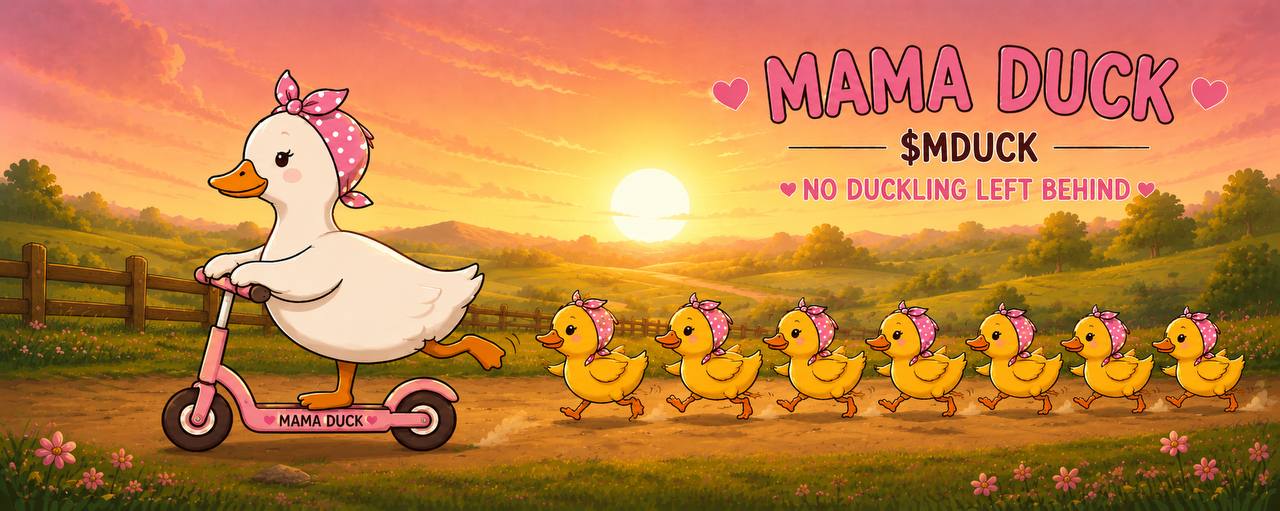 Mama Duck leading her ducklings at sunset