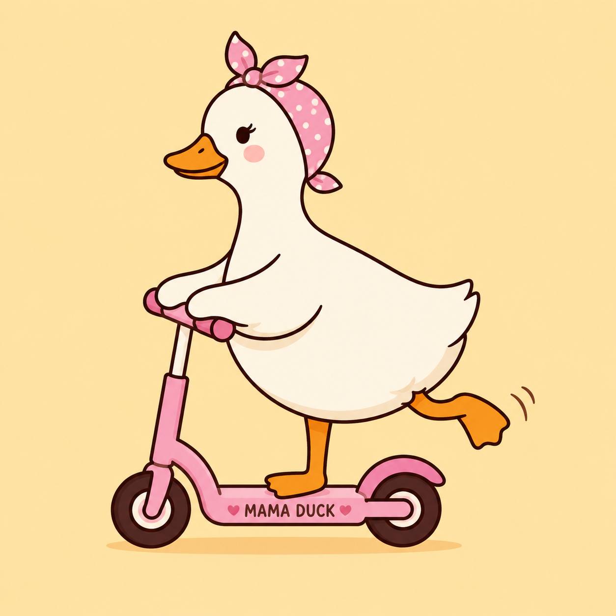 Mama Duck riding a pink scooter